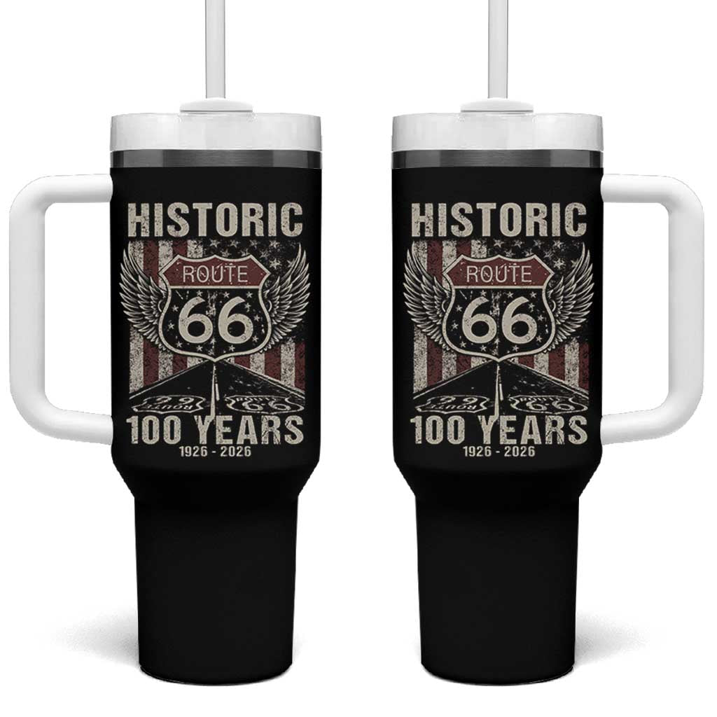 Historic Route Highway 66 100 Years Anniversary Tumbler With Handle Highway Road Sign Wings Vintage American Flag
