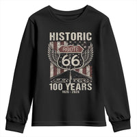 Historic Route Highway 66 100 Years Anniversary Youth Sweatshirt Highway Road Sign Wings Vintage American Flag