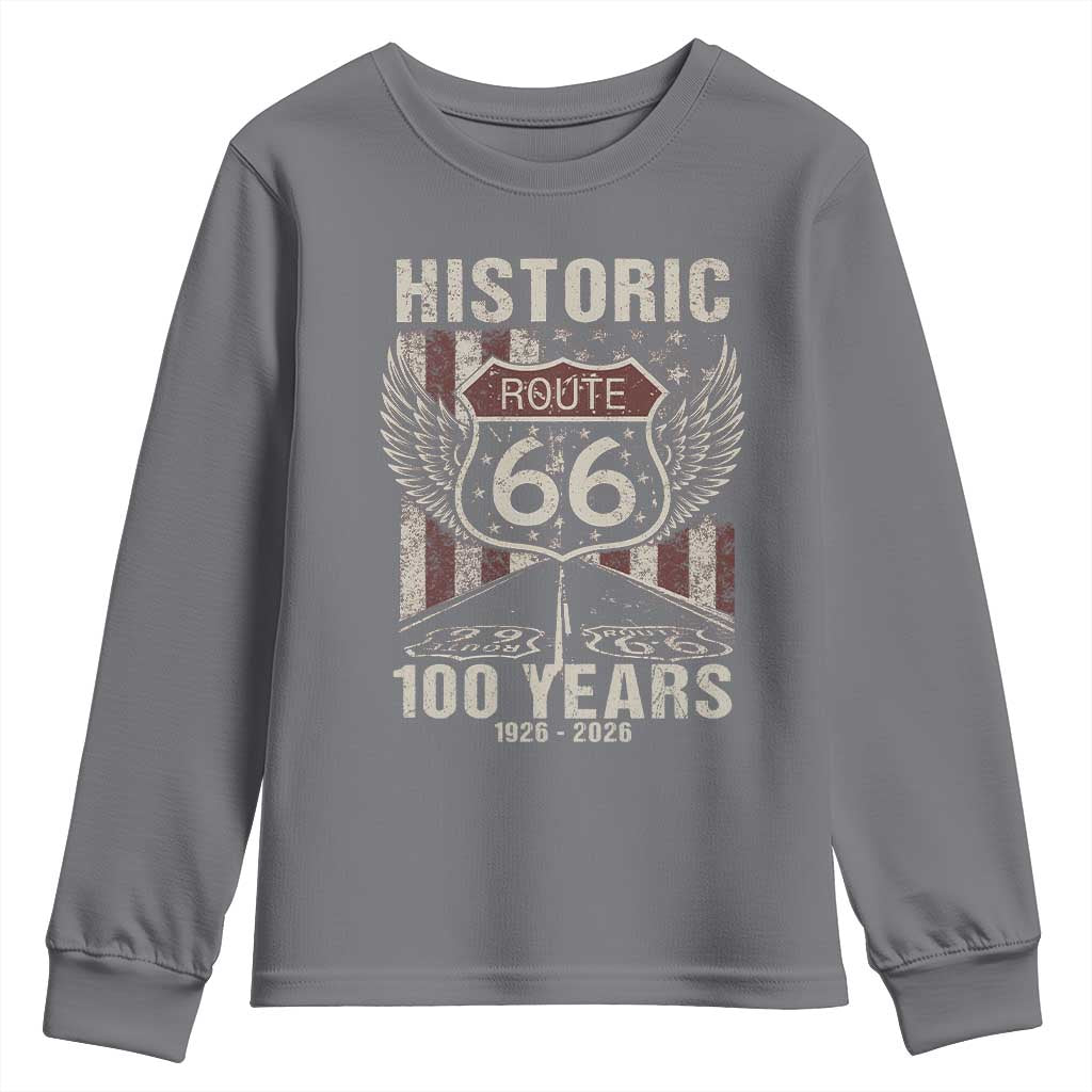 Historic Route Highway 66 100 Years Anniversary Youth Sweatshirt Highway Road Sign Wings Vintage American Flag