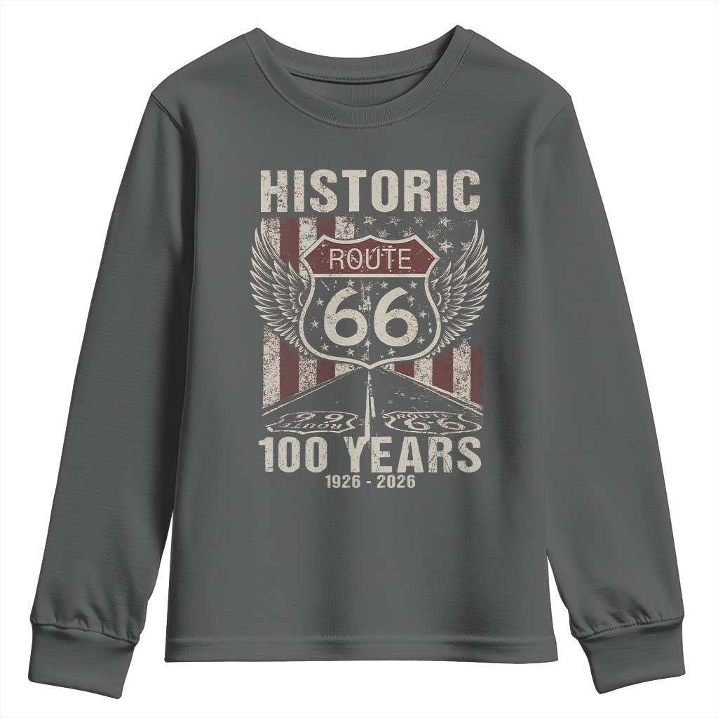 Historic Route Highway 66 100 Years Anniversary Youth Sweatshirt Highway Road Sign Wings Vintage American Flag