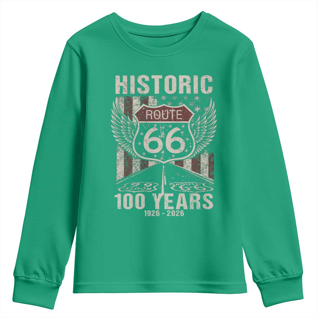 Historic Route Highway 66 100 Years Anniversary Youth Sweatshirt Highway Road Sign Wings Vintage American Flag