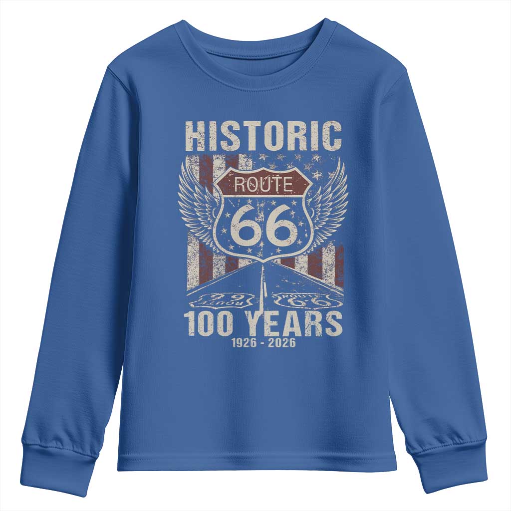 Historic Route Highway 66 100 Years Anniversary Youth Sweatshirt Highway Road Sign Wings Vintage American Flag