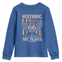 Historic Route Highway 66 100 Years Anniversary Youth Sweatshirt Highway Road Sign Wings Vintage American Flag