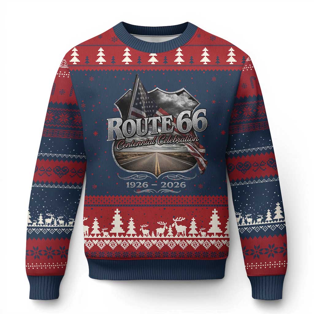 US Route Highway 66 Centennial Celebration Ugly Christmas Sweater 100 Years Of The Mother Road Vintage American Flag