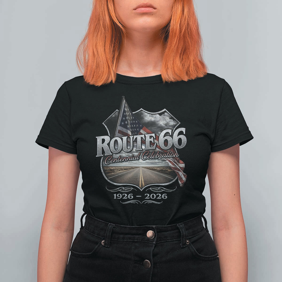 US Route Highway 66 Centennial Celebration T Shirt For Women 100 Years Of The Mother Road Vintage American Flag