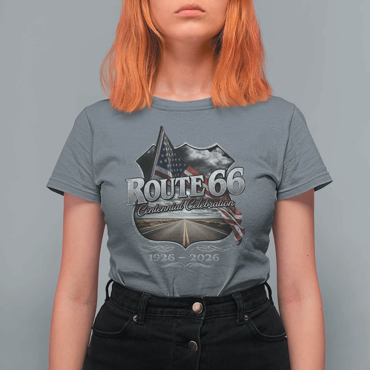 US Route Highway 66 Centennial Celebration T Shirt For Women 100 Years Of The Mother Road Vintage American Flag
