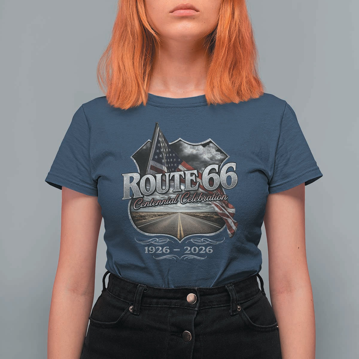 US Route Highway 66 Centennial Celebration T Shirt For Women 100 Years Of The Mother Road Vintage American Flag