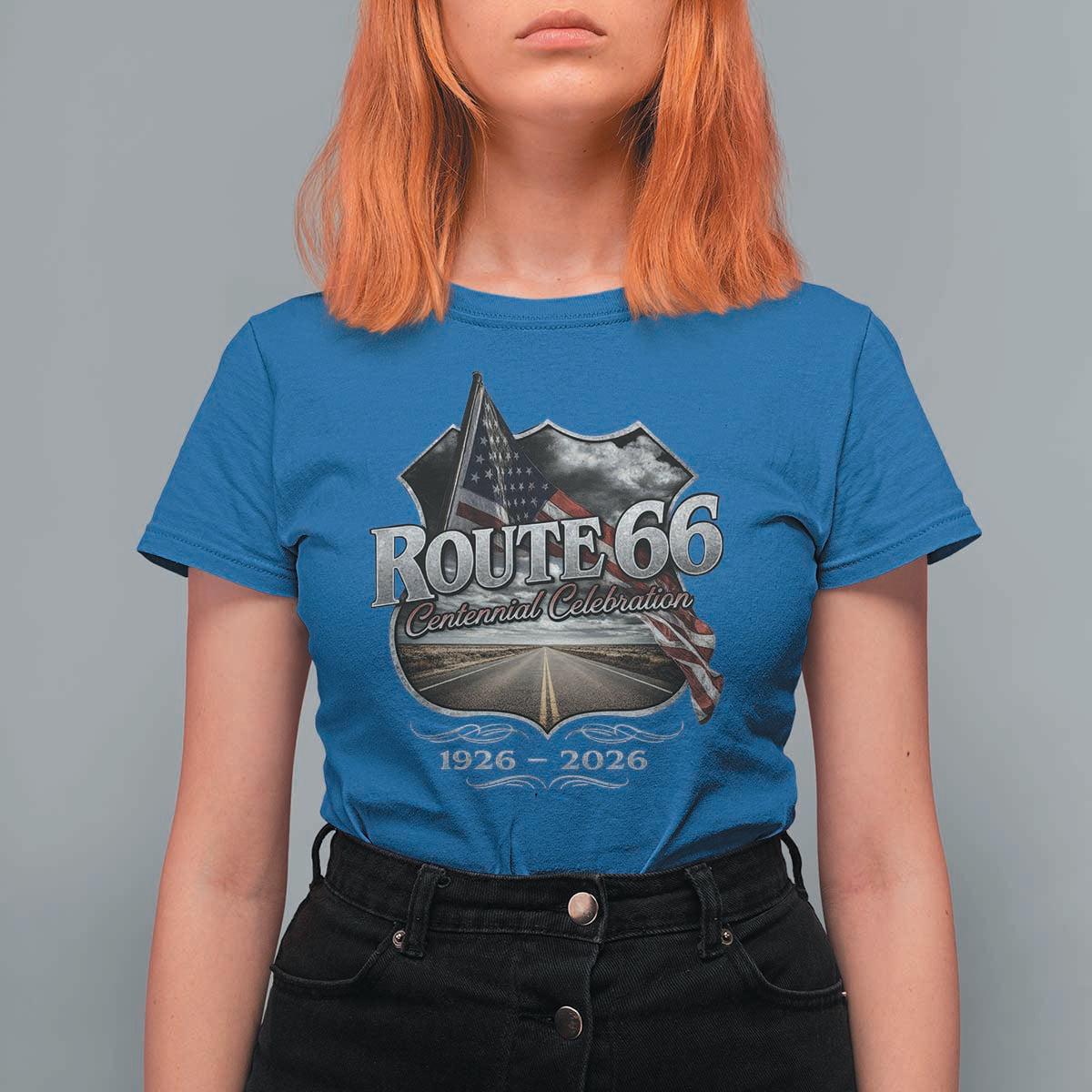 US Route Highway 66 Centennial Celebration T Shirt For Women 100 Years Of The Mother Road Vintage American Flag