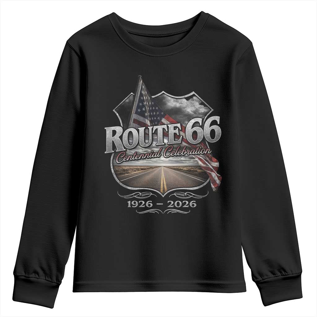 US Route Highway 66 Centennial Celebration Youth Sweatshirt 100 Years Of The Mother Road Vintage American Flag