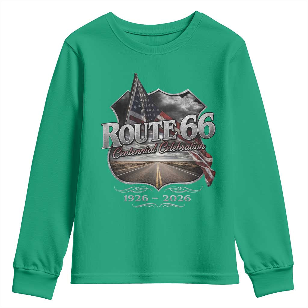 US Route Highway 66 Centennial Celebration Youth Sweatshirt 100 Years Of The Mother Road Vintage American Flag