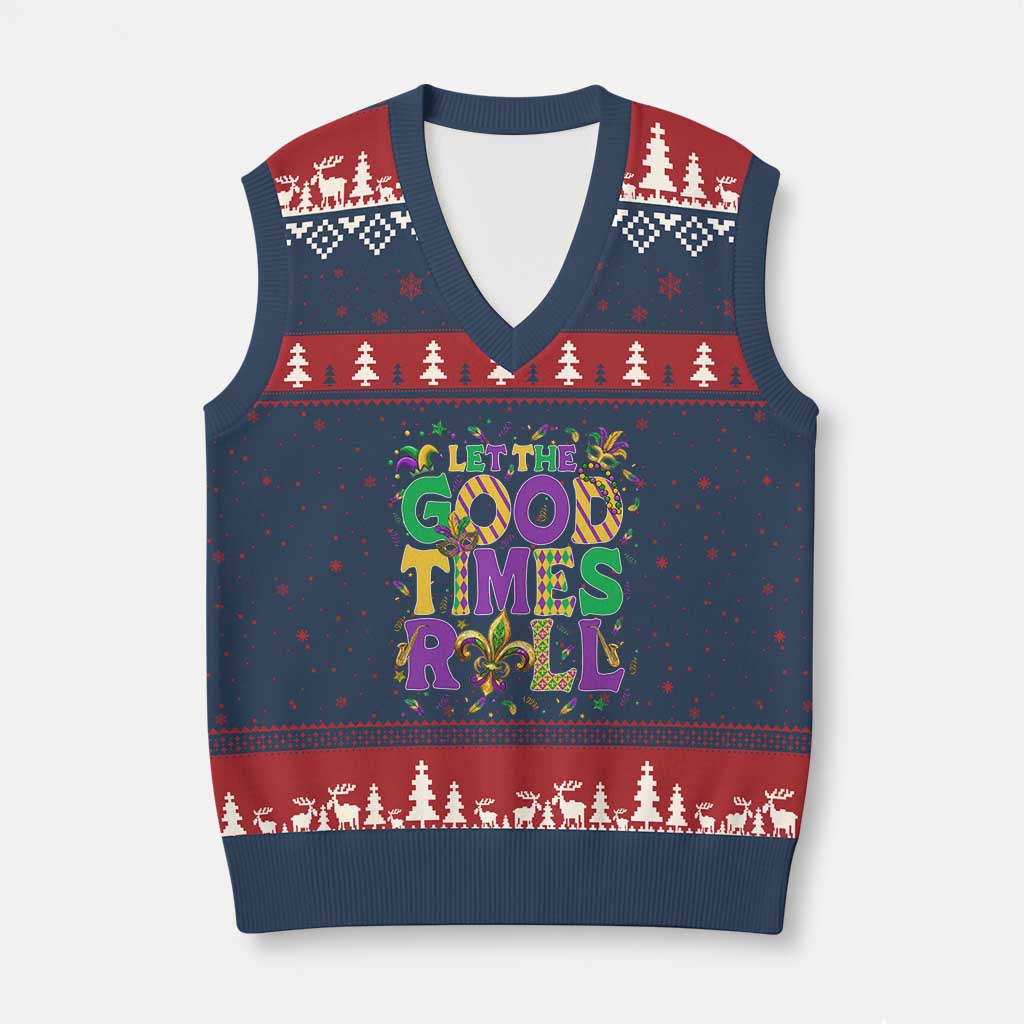 Mardi Gras Let The Good Times Roll V-Neck Knit Sweater Vest Funny Carnival