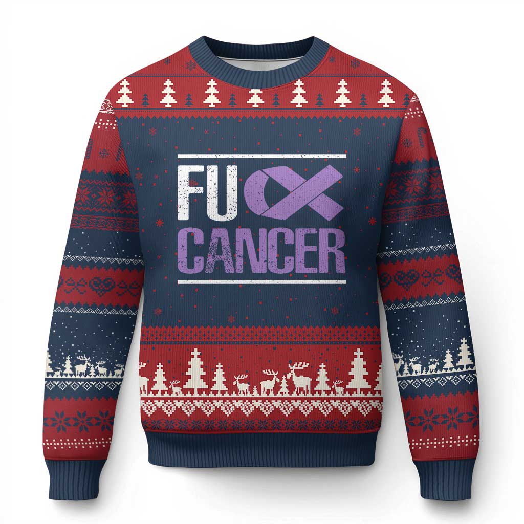 Fuck Cancer Ugly Christmas Sweater Funny National Cancer Prevention Month Lavender Ribbon