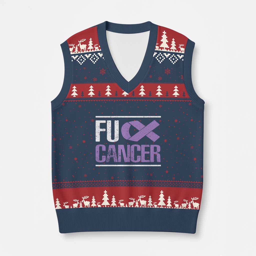 Fuck Cancer V-Neck Knit Sweater Vest Funny National Cancer Prevention Month Lavender Ribbon