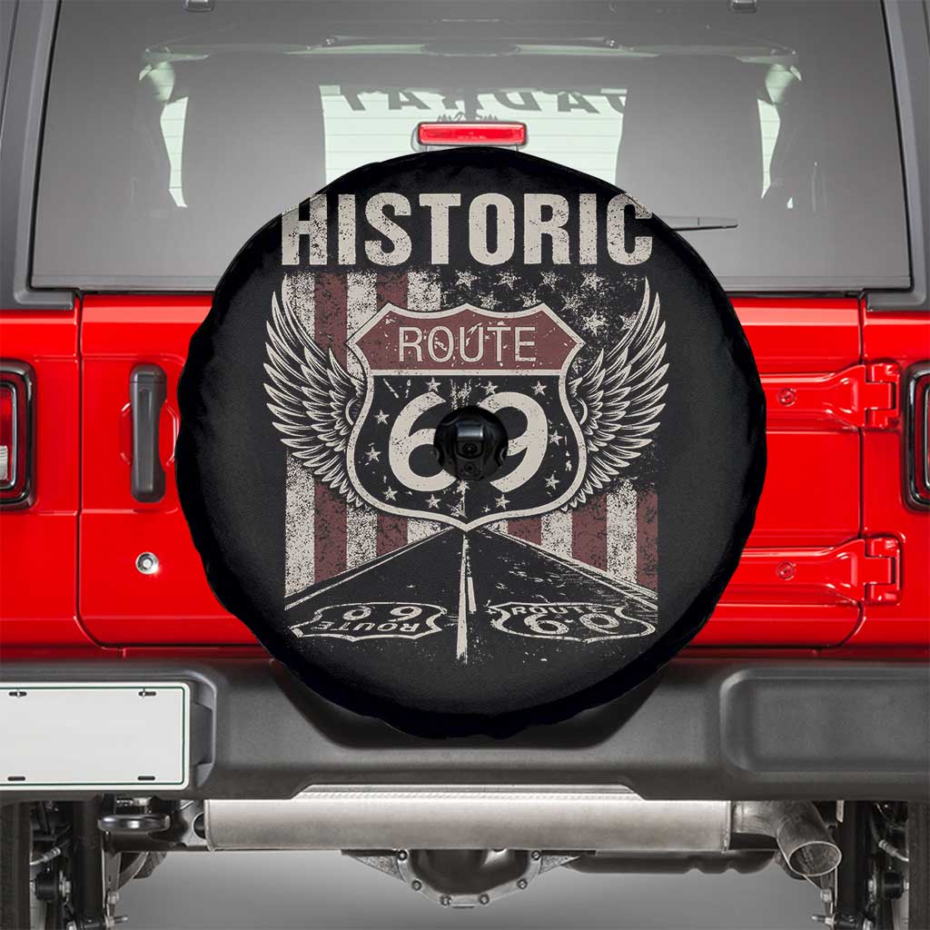 Historic Route 69 Highway Road Spare Tire Cover Americana Vintage USA Flag
