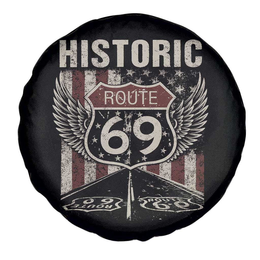 Historic Route 69 Highway Road Spare Tire Cover Americana Vintage USA Flag
