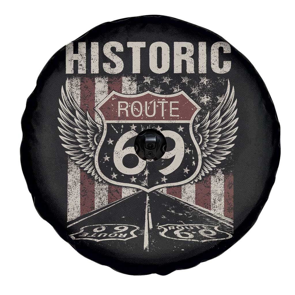 Historic Route 69 Highway Road Spare Tire Cover Americana Vintage USA Flag