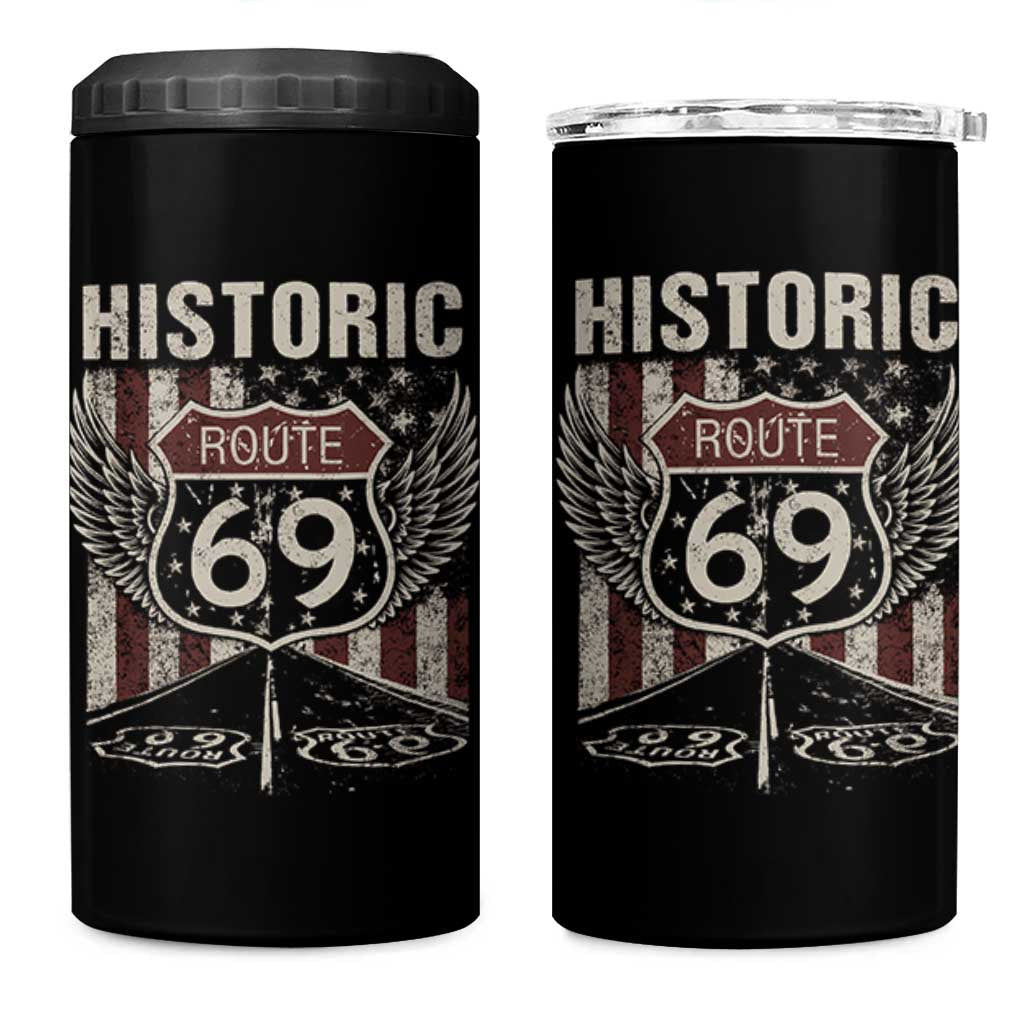 Historic Route 69 Highway Road 4 in 1 Can Cooler Tumbler Americana Vintage USA Flag