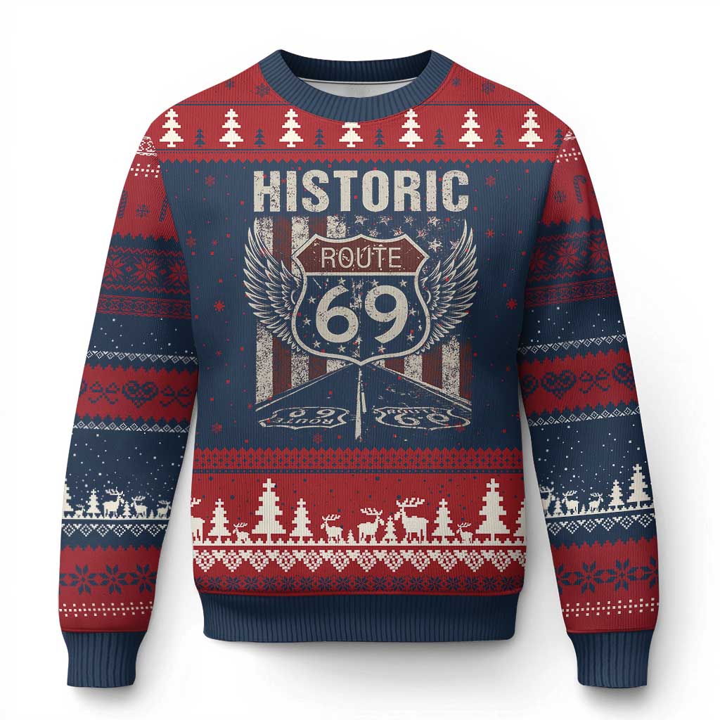 Historic Route 69 Highway Road Ugly Christmas Sweater Americana Vintage USA Flag