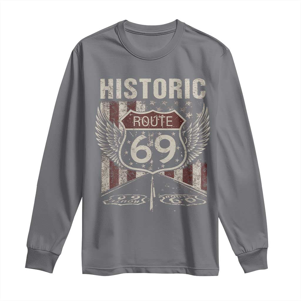 Historic Route 69 Highway Road Long Sleeve Shirt Americana Vintage USA Flag