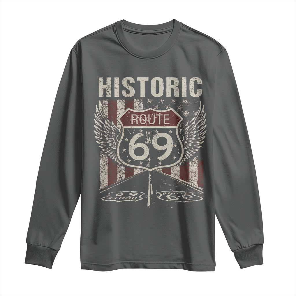 Historic Route 69 Highway Road Long Sleeve Shirt Americana Vintage USA Flag