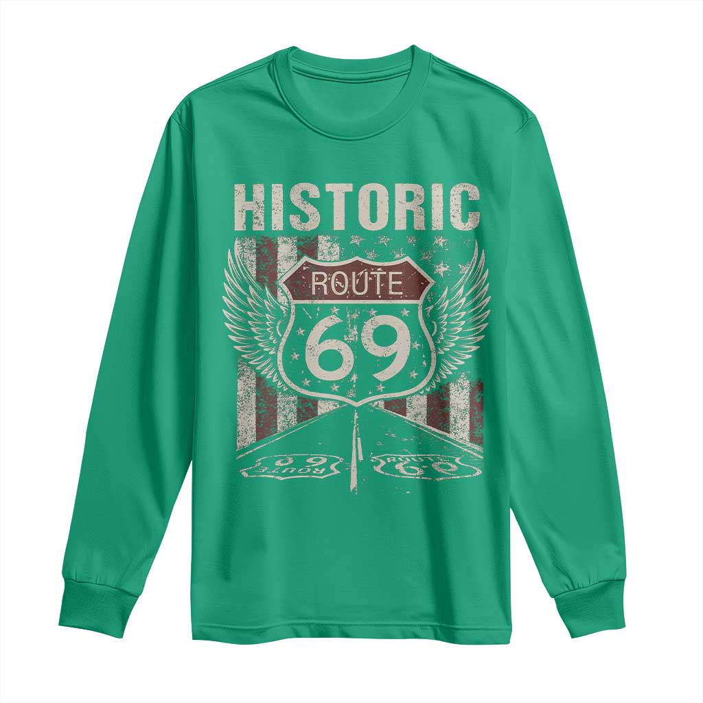 Historic Route 69 Highway Road Long Sleeve Shirt Americana Vintage USA Flag