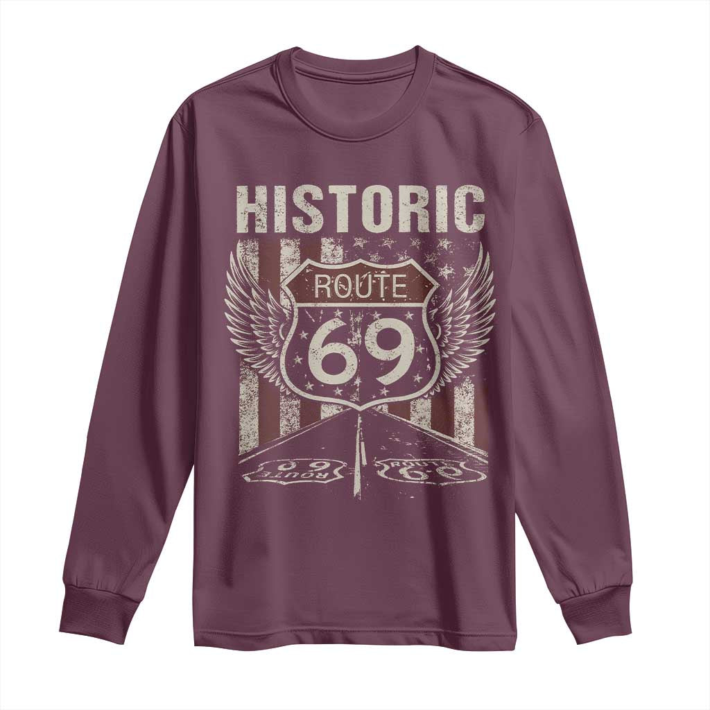 Historic Route 69 Highway Road Long Sleeve Shirt Americana Vintage USA Flag
