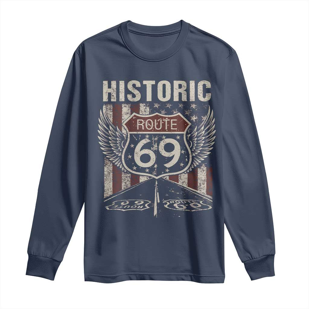 Historic Route 69 Highway Road Long Sleeve Shirt Americana Vintage USA Flag