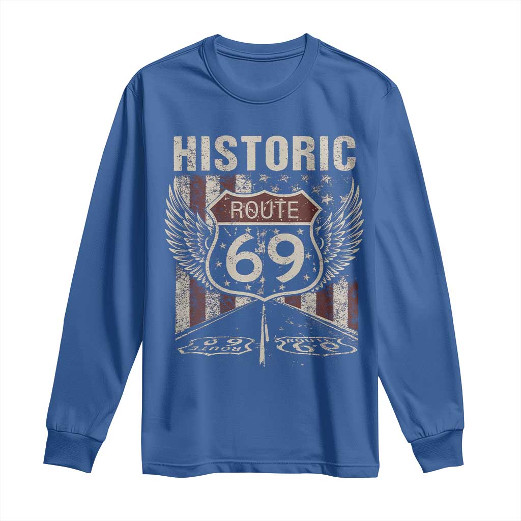 Historic Route 69 Highway Road Long Sleeve Shirt Americana Vintage USA Flag