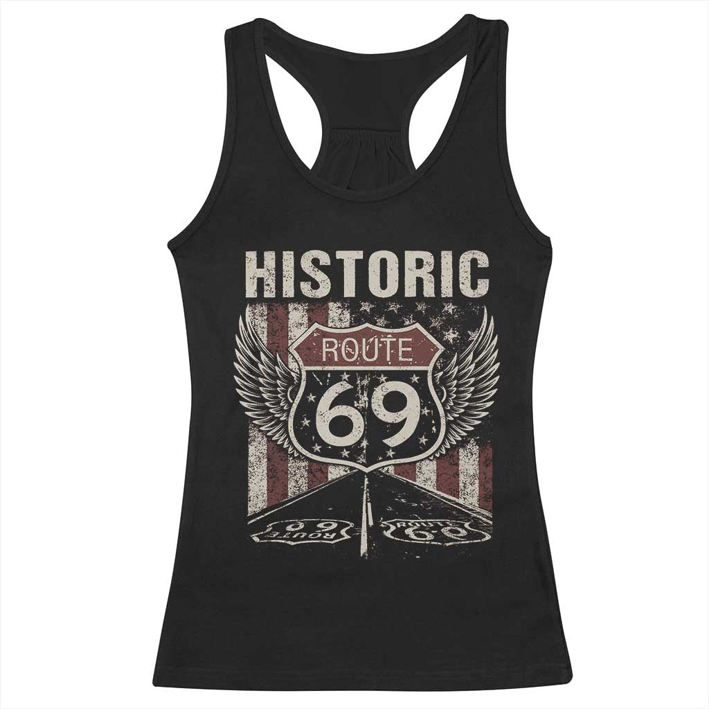 Historic Route 69 Highway Road Racerback Tank Top Americana Vintage USA Flag