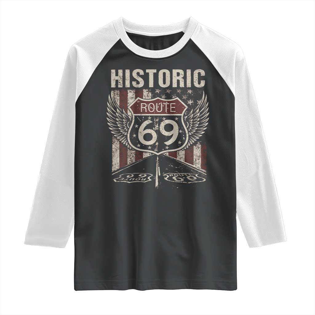 Historic Route 69 Highway Road Raglan Shirt Americana Vintage USA Flag