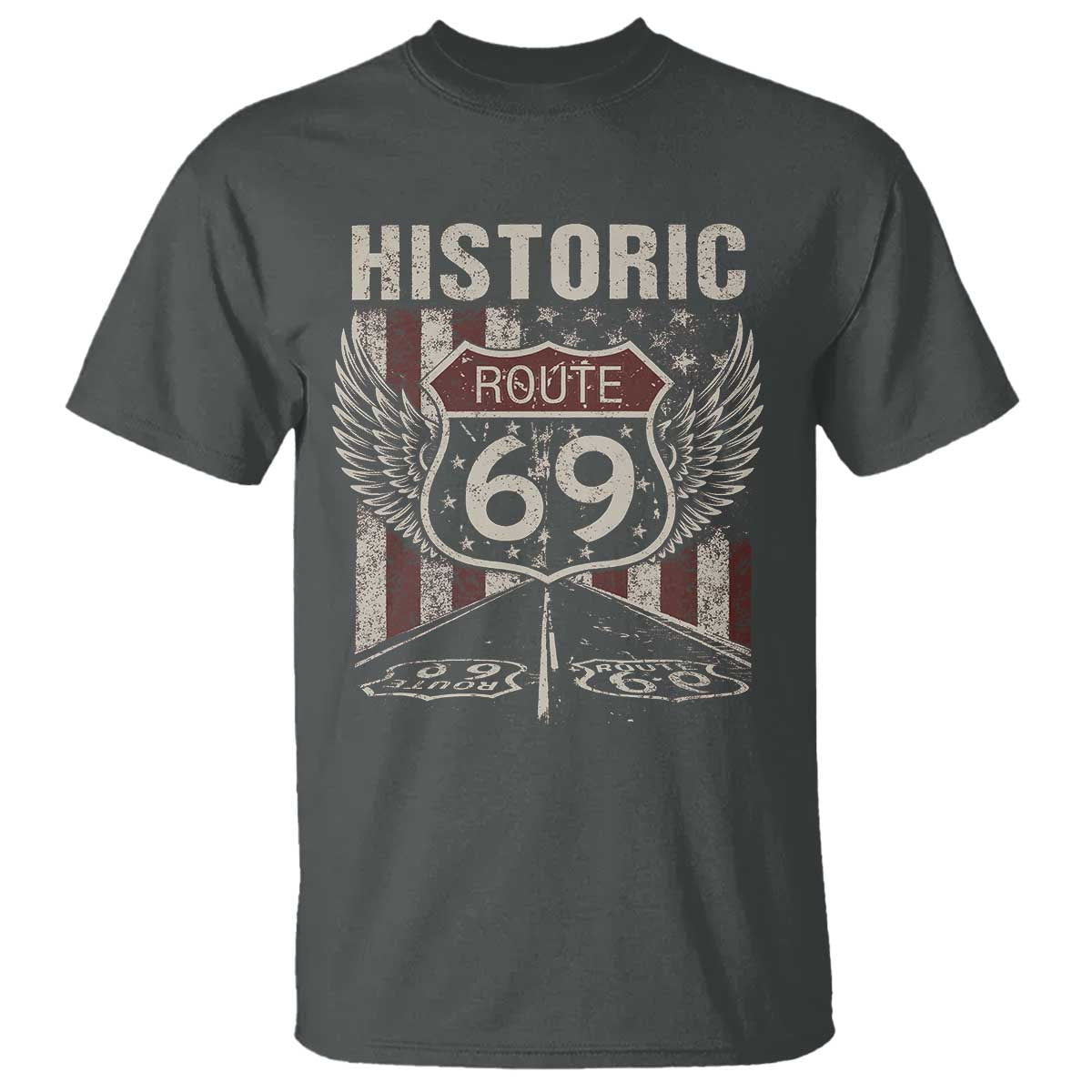 Historic Route 69 Highway Road T Shirt Americana Vintage USA Flag