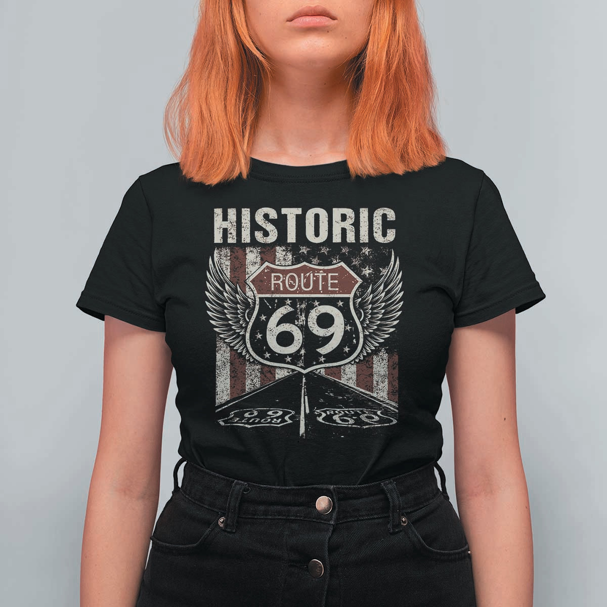 Historic Route 69 Highway Road T Shirt For Women Americana Vintage USA Flag