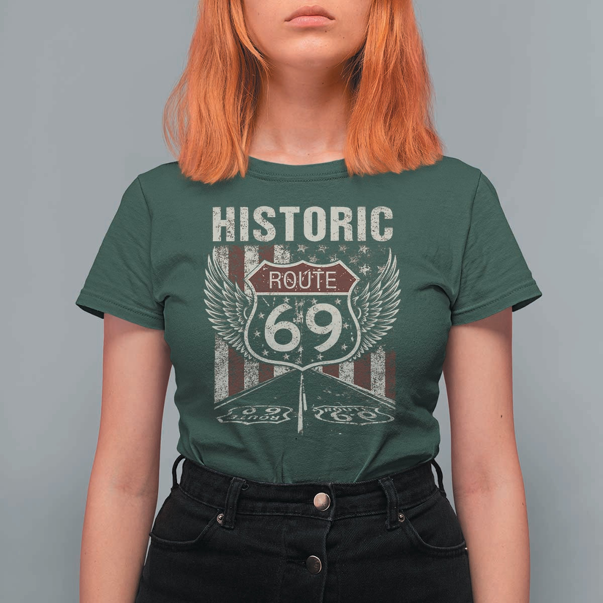 Historic Route 69 Highway Road T Shirt For Women Americana Vintage USA Flag