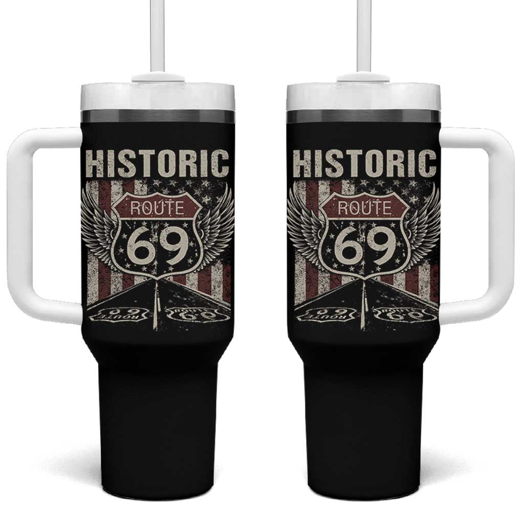 Historic Route 69 Highway Road Tumbler With Handle Americana Vintage USA Flag