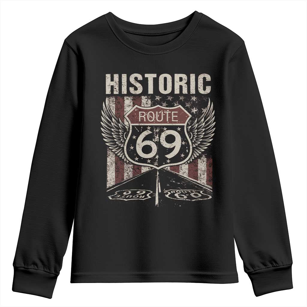 Historic Route 69 Highway Road Youth Sweatshirt Americana Vintage USA Flag