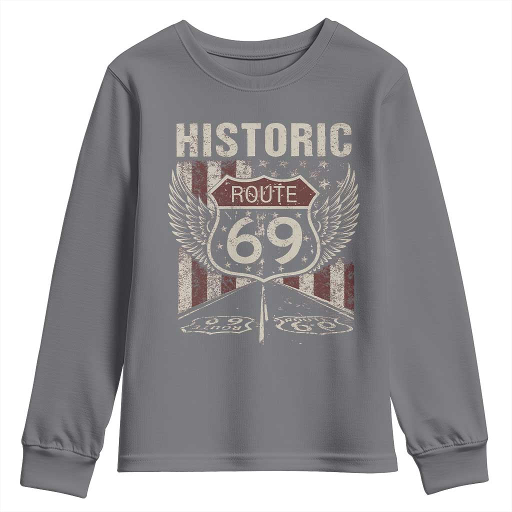Historic Route 69 Highway Road Youth Sweatshirt Americana Vintage USA Flag