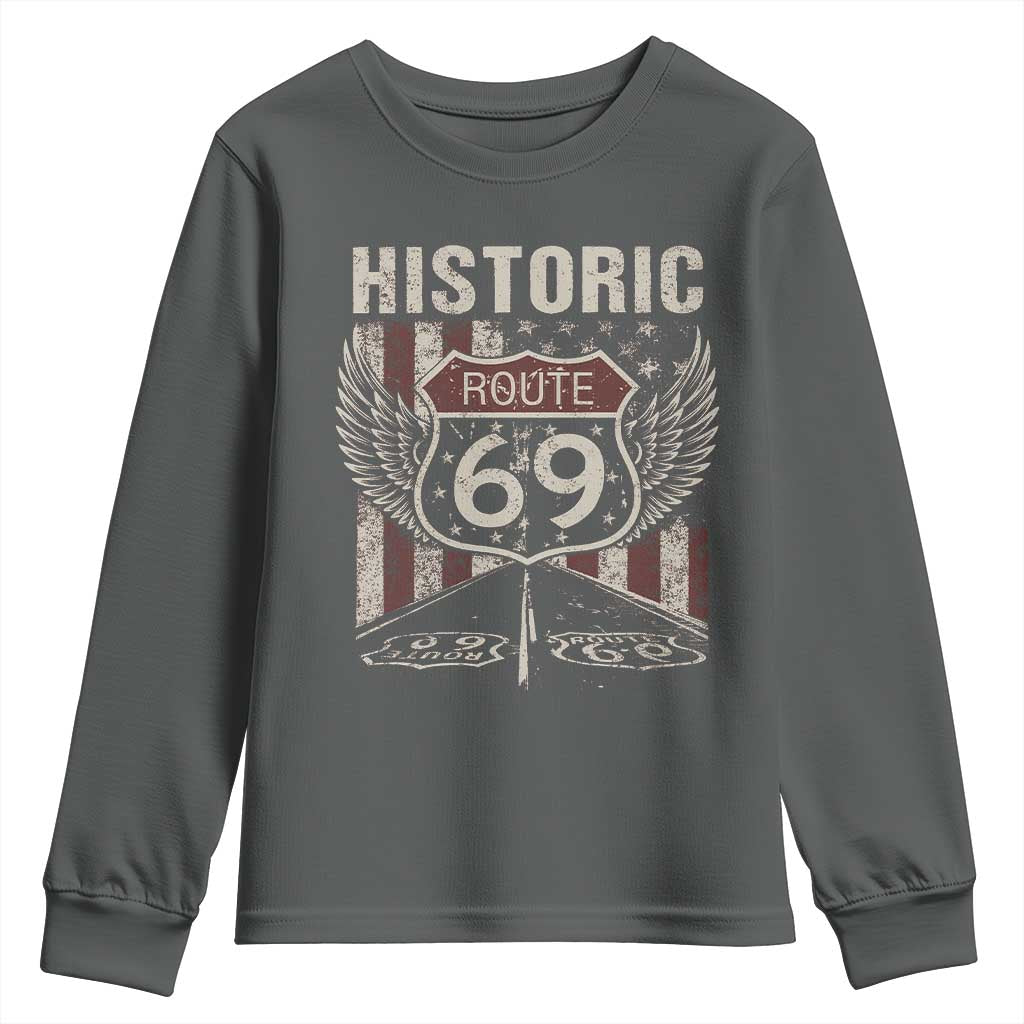 Historic Route 69 Highway Road Youth Sweatshirt Americana Vintage USA Flag