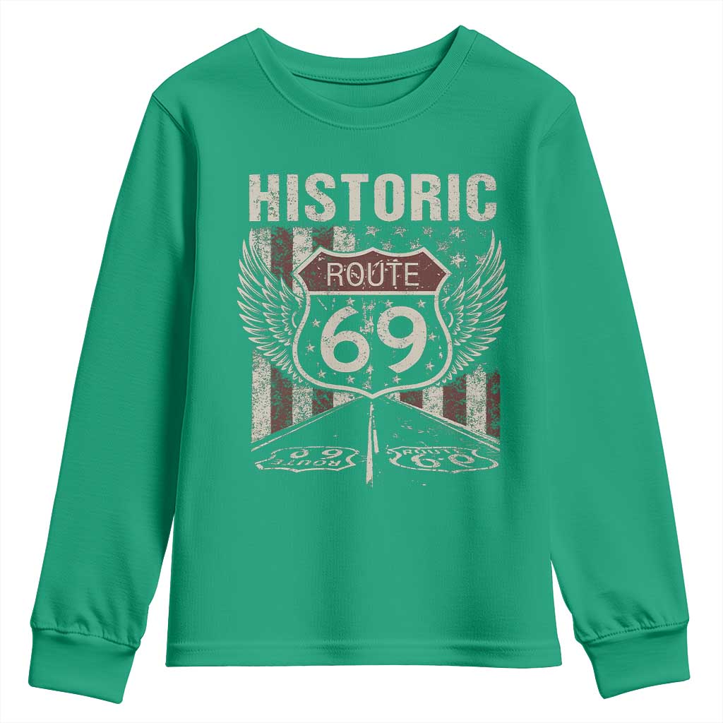 Historic Route 69 Highway Road Youth Sweatshirt Americana Vintage USA Flag