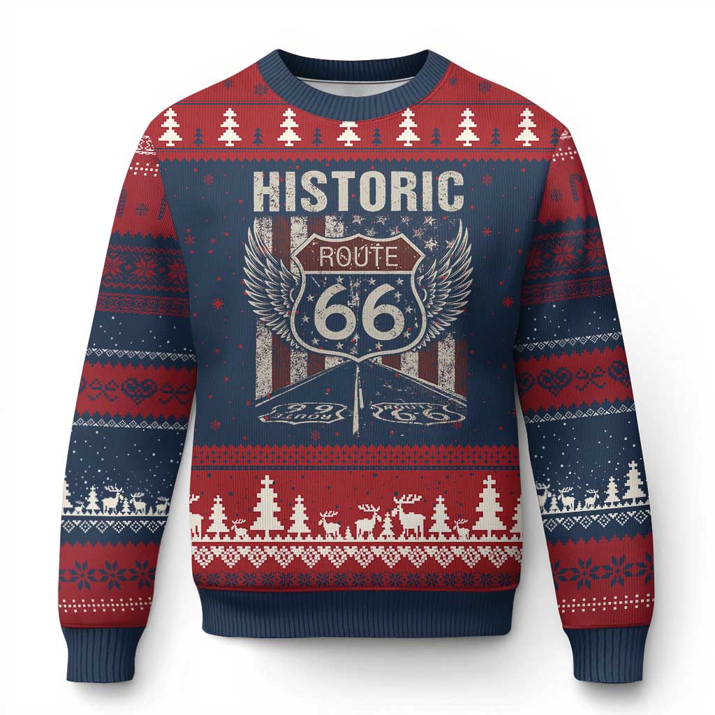 Historic Route Highway 66 Ugly Christmas Sweater Vintage American Flag