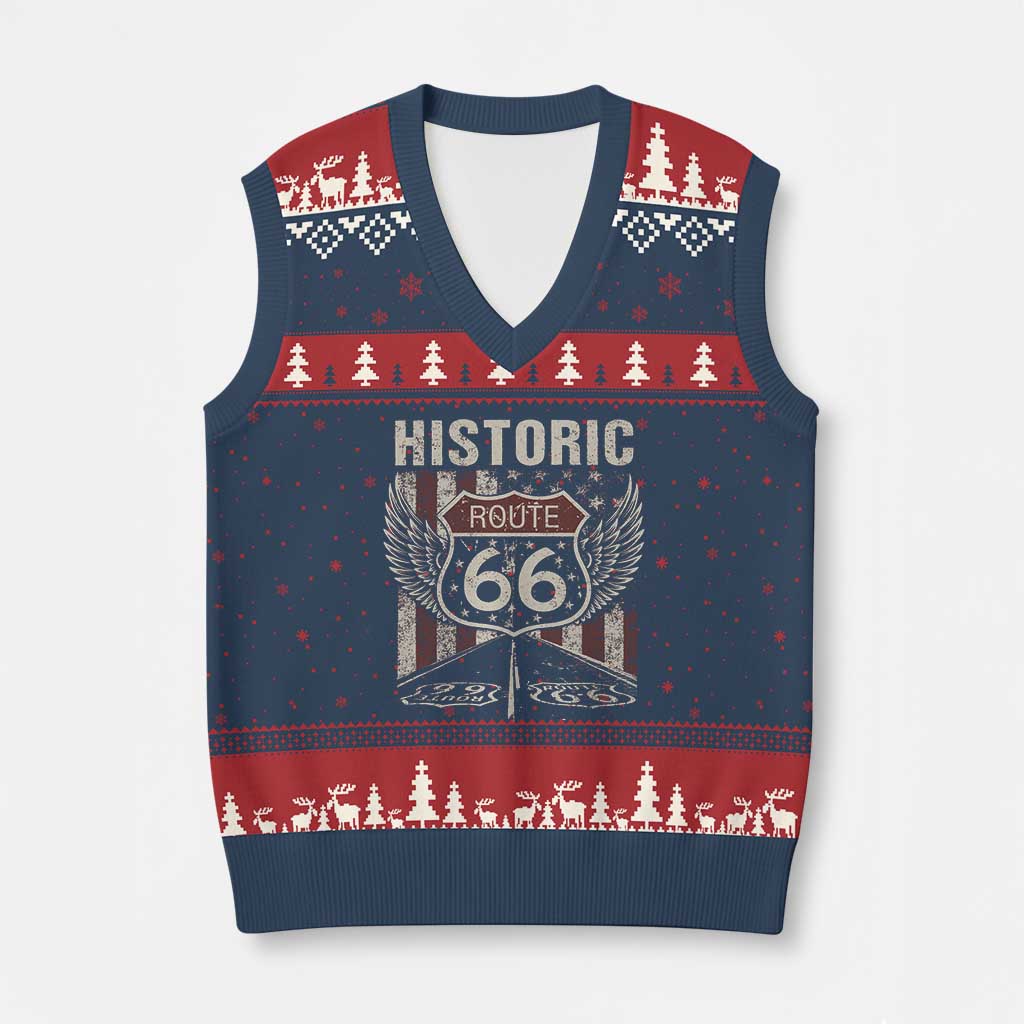 Historic Route Highway 66 V-Neck Knit Sweater Vest Vintage American Flag