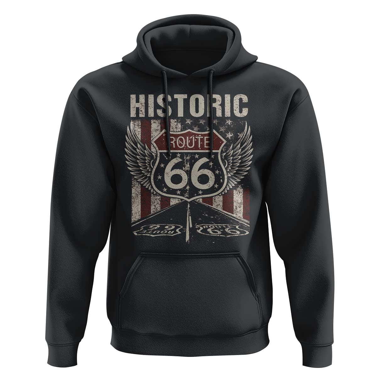 Historic Route Highway 66 Hoodie Vintage American Flag