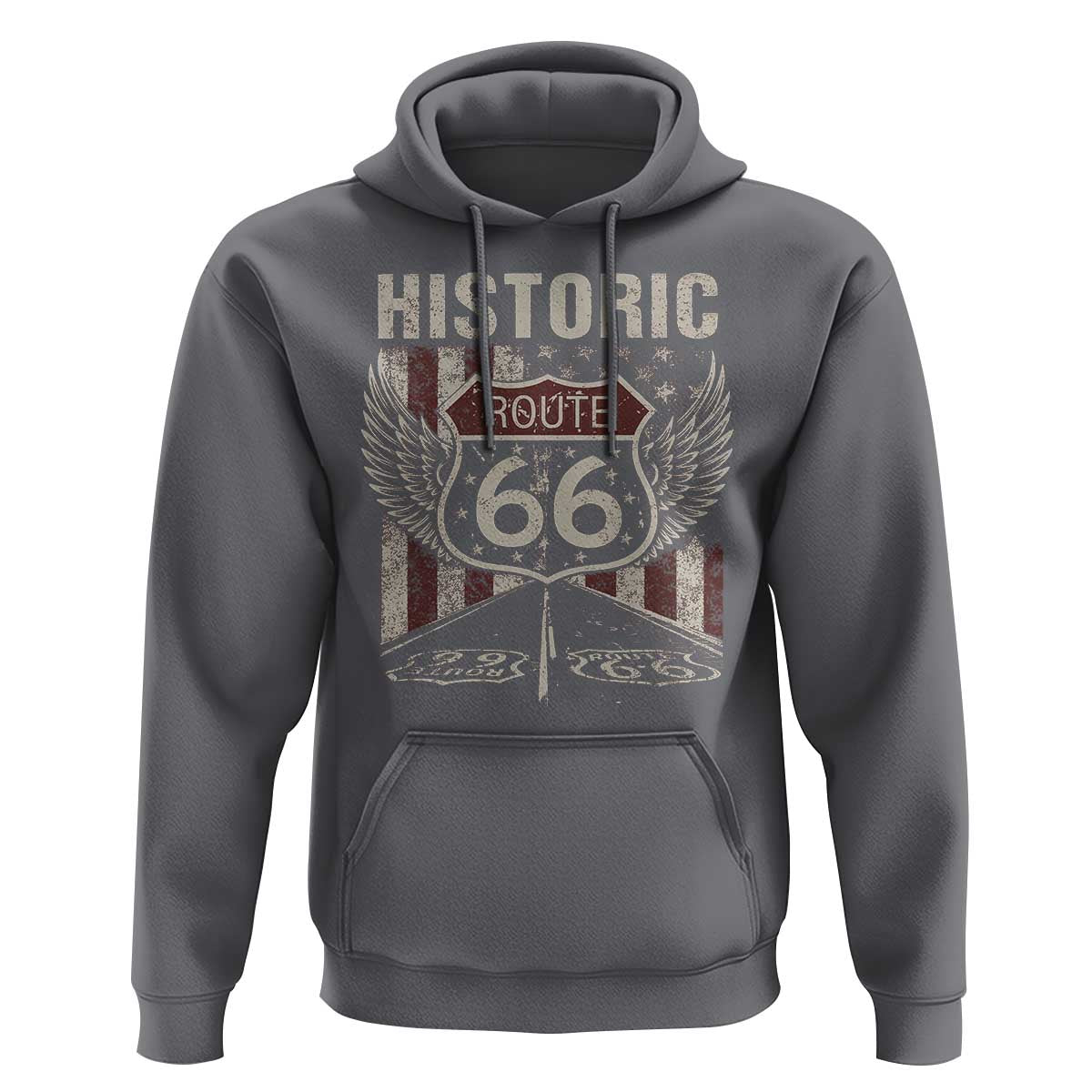 Historic Route Highway 66 Hoodie Vintage American Flag