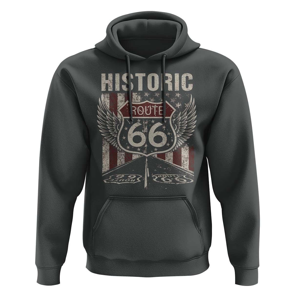 Historic Route Highway 66 Hoodie Vintage American Flag