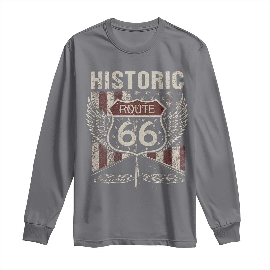 Historic Route Highway 66 Long Sleeve Shirt Vintage American Flag