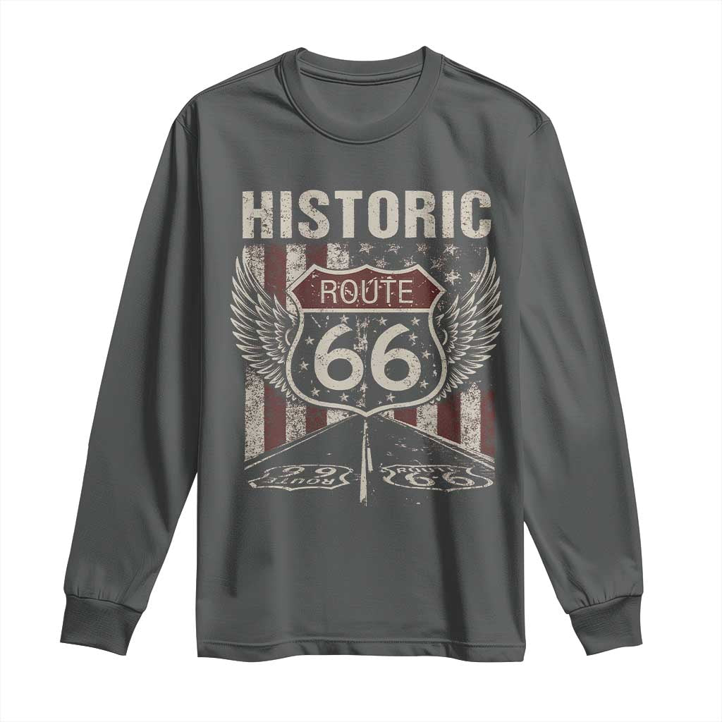 Historic Route Highway 66 Long Sleeve Shirt Vintage American Flag