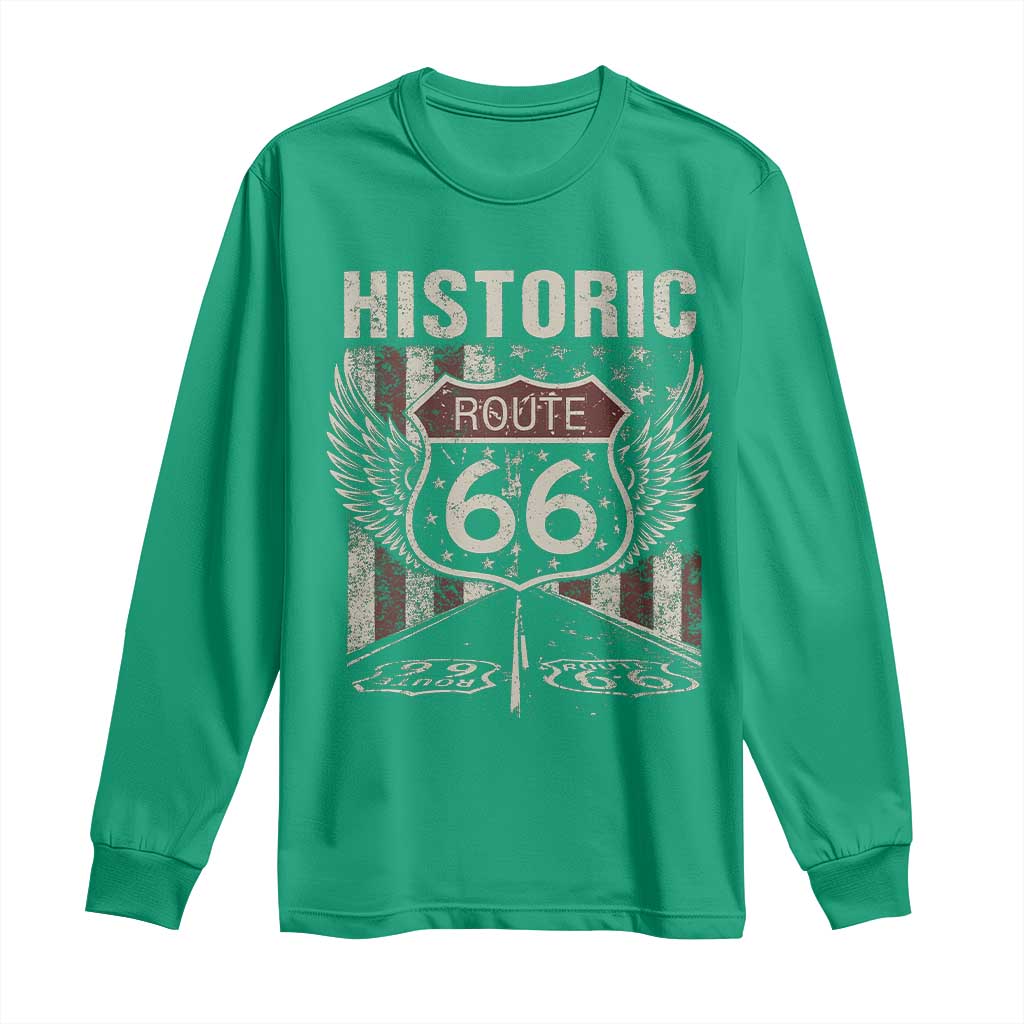 Historic Route Highway 66 Long Sleeve Shirt Vintage American Flag