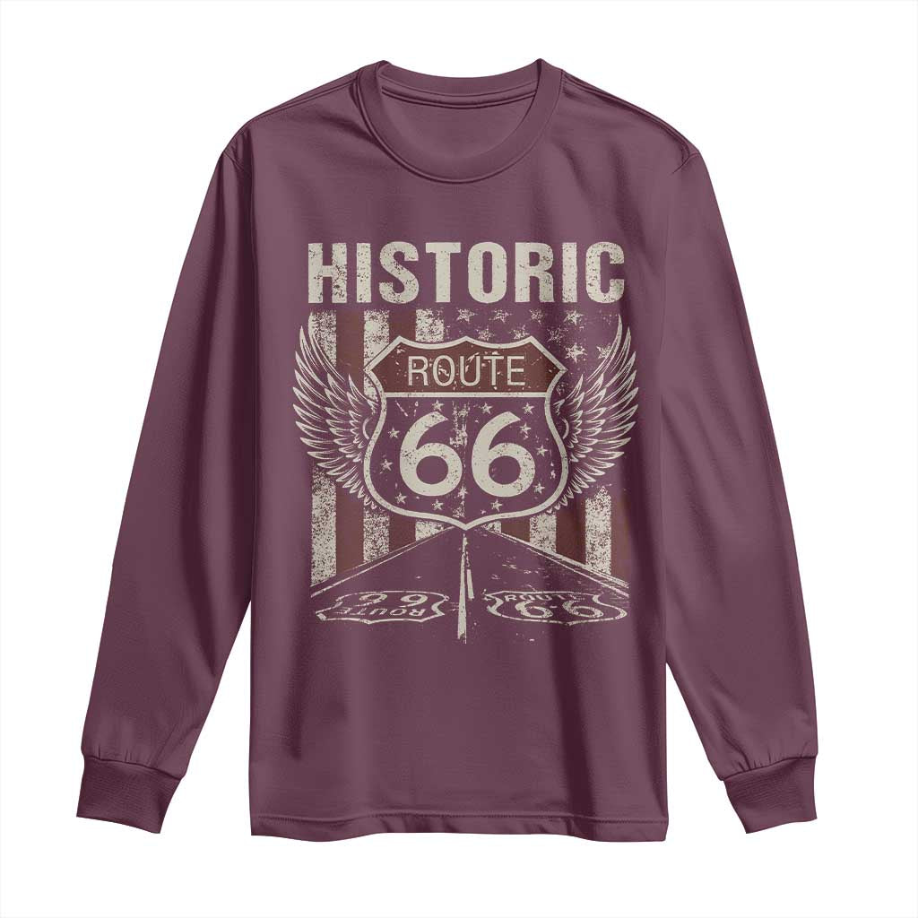 Historic Route Highway 66 Long Sleeve Shirt Vintage American Flag