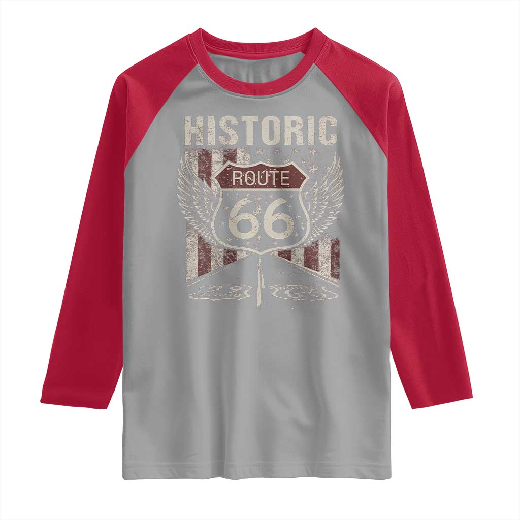 Historic Route Highway 66 Raglan Shirt Vintage American Flag