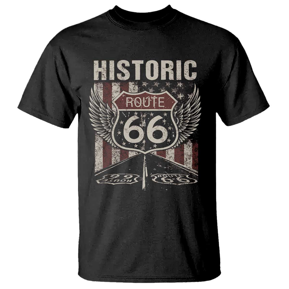 Historic Route Highway 66 T Shirt Vintage American Flag