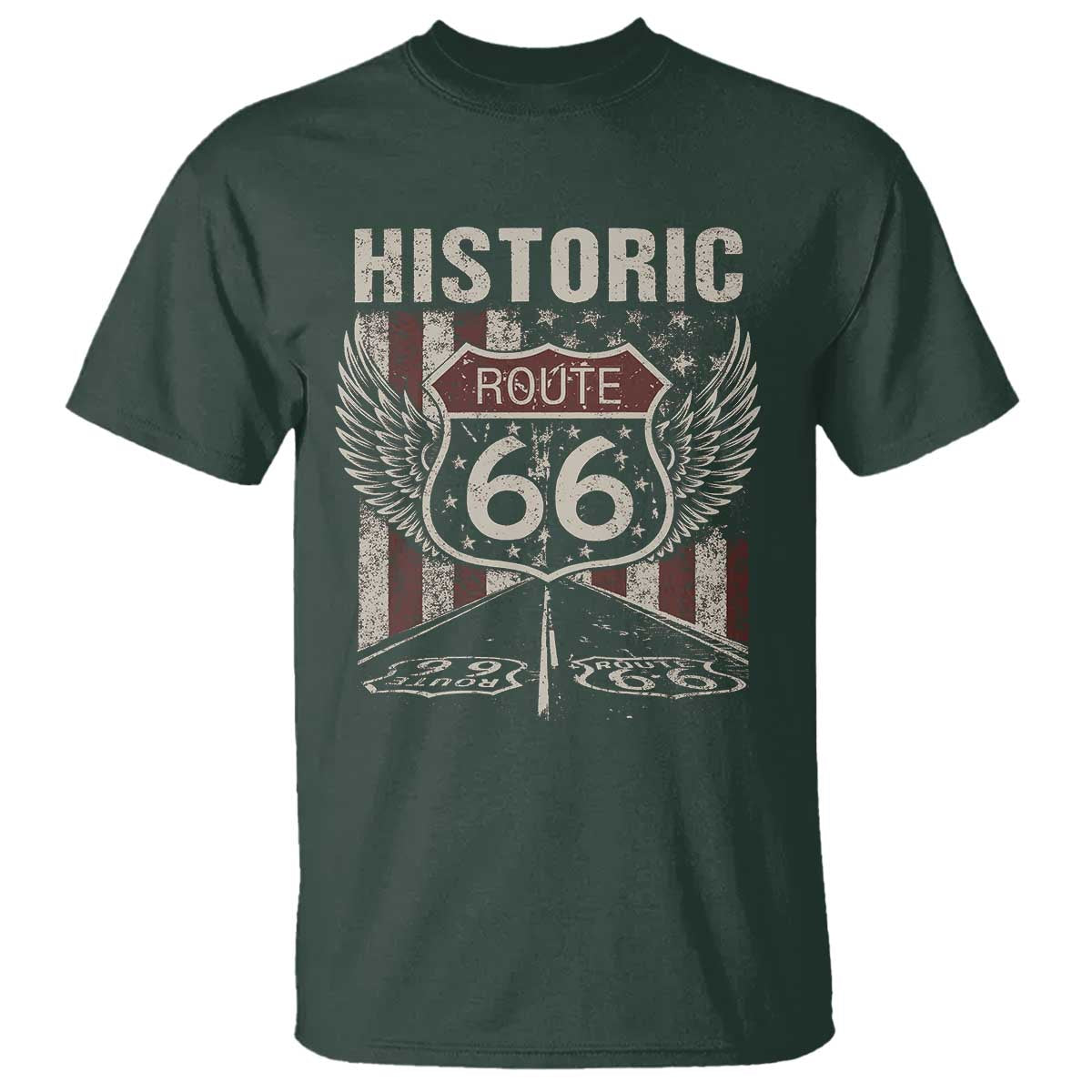 Historic Route Highway 66 T Shirt Vintage American Flag